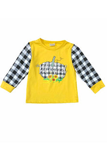  YELLOW TOP WITH BLACK & WHITE CHECKER PRINTED PUMPKIN & SLEEVES. CXSY-540640 LOI