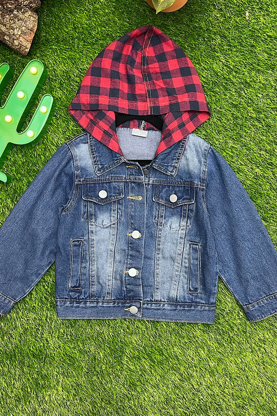 DARK BLUE DENIM JACKET WITH PLAID ELBOW PATCHES & HOODIE. TPG651422086-AMY