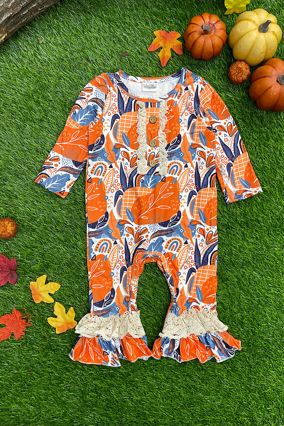 ORANGE GRAPHIC PRINT BABY ROMPER WITH LACE RUFFLE. RPG651322015