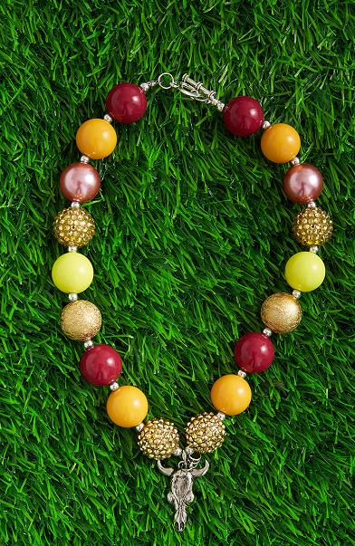 MUSTARD, MAROON & GOLD BUBBLE NECKLACE WITH HAT & COW SKULL PENDANT. 3PCS/$12.00. ACG251123050