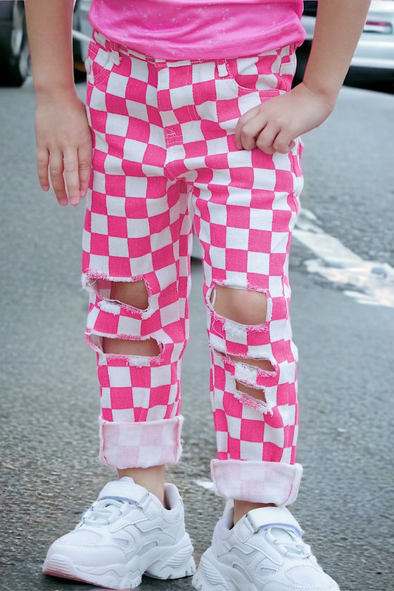 HOT PINK CHECKER PRINTED DISTRESSED DENIM PANTS. PNG25133016-AMY