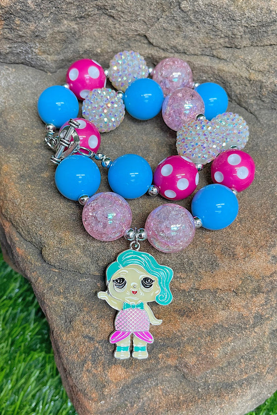 TURQUOISE,PINK & TEXTURE BUBBLE NECKLACE WITH CHARACTER PENDANT . 3PCS/$12.00  XL-01567
