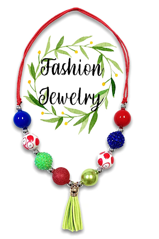 MULTI COLOR BUBBLE NECKLACE WITH APPLE PRINT & TASSEL PENDANT. 3PCS/$12.00   XL-01902