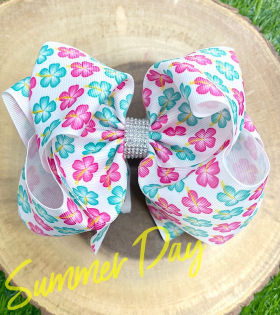MULTI-COLOR TROPICAL FLOWER PRINTED BOW 7.5" WIDE 4PCS/$10.00 BW-DSG-598