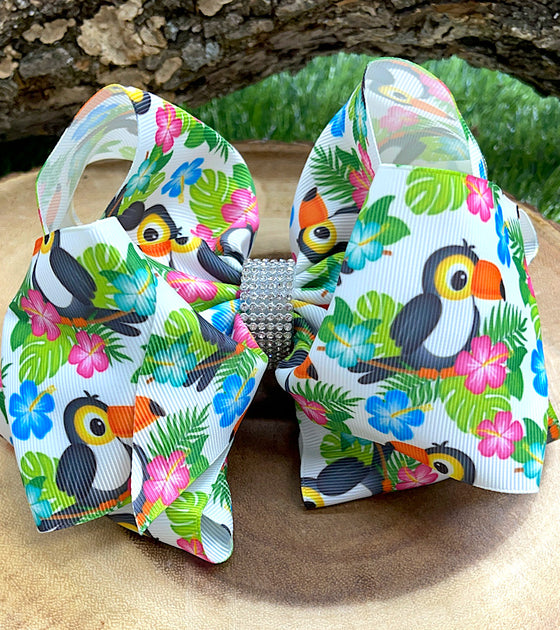 TOUCAN & TROPICAL FLOWERS PRINTED BOW 7.5" WIDE 4PCS/$10.00 BW-DSG-610