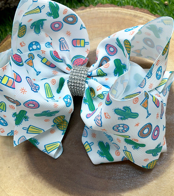 SEASHELL, CACTUS,POPSICLE, & DONUT  PRINTED  BOWS 7.5" WIDE 4PCS/$10.00 BW-DSG-617