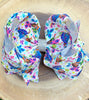 WHITE CHARACTER  PRINTED  BOWS 7.5" WIDE 4PCS/$10.00 BW-DSG-620