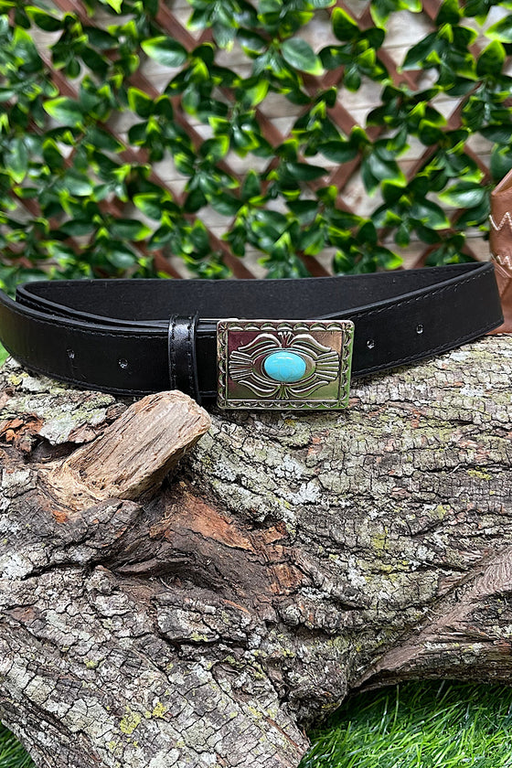 BLACK BELT WITH RECTANGULAR  BUCKLE. 29" LONG. ACG251522100