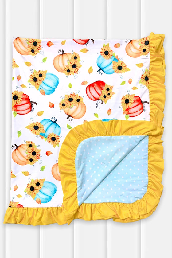 (REVERSIBLE) PUMPKIN & POLKA DOT & YELLOW TRIM  PRINTED BABY BLANKET. (SIZE: 35" BY 43") TZ-DLH1081K