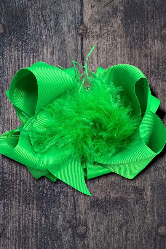 CLASSICAL GREEN FEATHER HAIR BOW 7.50" WIDE 4PCS/$10.00 BW-579-F