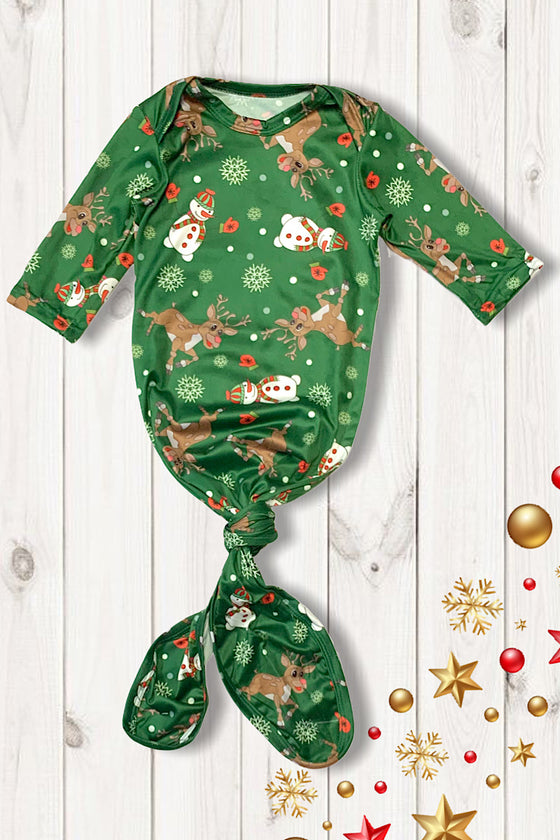 DEER & SNOWMAN ON GREEN PRINTED BABY GOWN.  SD-DLH3308K