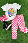 HOT PINK CHECKER PRINTED DISTRESSED DENIM PANTS. PNG25133016-AMY