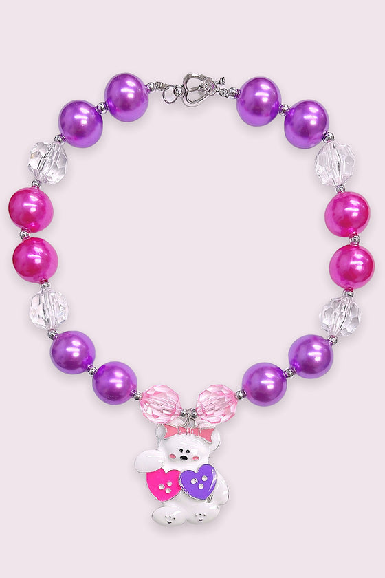 PURPLE, PINK & CLEAR  BUBBLE NECKLACE WITH TEDDY PENDANT. 3PCS/$12.00 XL-02147