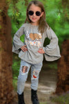 Peace Love Farmlife" gray long sleeve top & denim pants. CXCKTZ-581119Jean