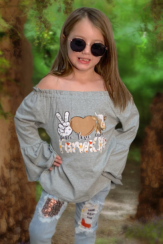 Peace Love Farmlife" gray long sleeve top & denim pants. CXCKTZ-581119Jean