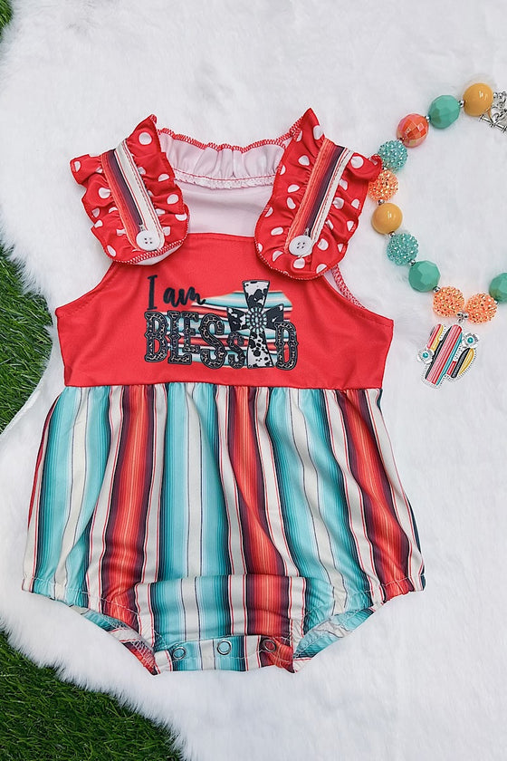 I'AM BLESSED" SERAPE PRINTED BABY ROMPER W/SNAPS. SR112315-AMY