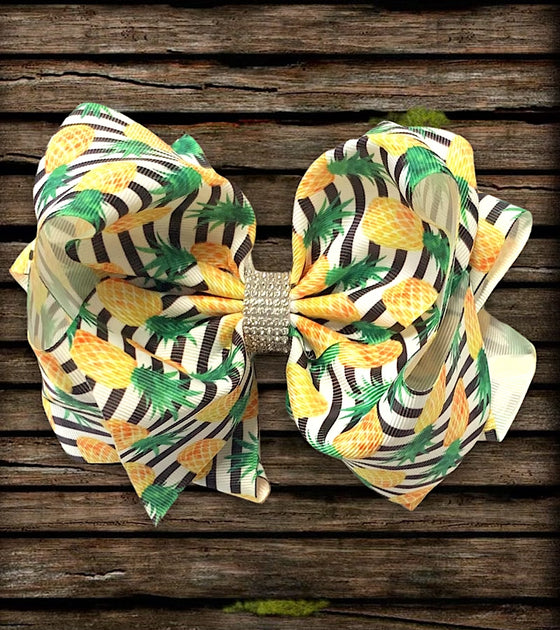 PINEAPPLE PRINTED DOUBLE LAYER RHINESTONE HAIR BOWS. 4PCS/$10.00 BW-DSG-327