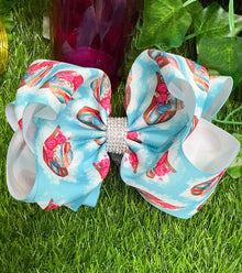  COWGIRL HAT PRINTED ON TURQUOISE DOUBLE LAYER HAIR BOWS WITH RHINESTONES. 7.5" WIDE 4PCS/$10.00 BW-DSG-786