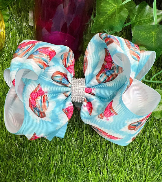COWGIRL HAT PRINTED ON TURQUOISE DOUBLE LAYER HAIR BOWS WITH RHINESTONES. 7.5" WIDE 4PCS/$10.00 BW-DSG-786