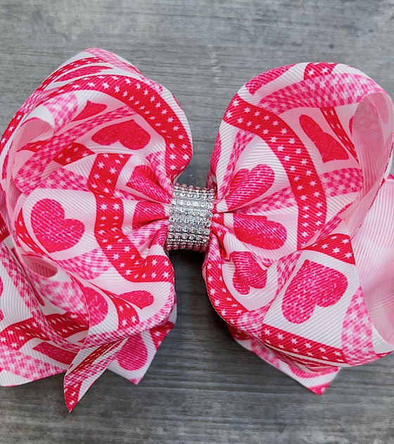 HEART/ VALENTINES PRINTED DOUBLE LAYER HAIR BOWS W/ RHINESTONES 7.5" WIDE 4PCS/$10.00 BW-DSG-788