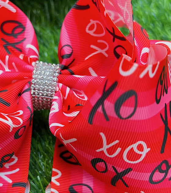XO XO XO" VALENTINES XO PRINTED DOUBLE LAYER HAIR BOWS W/ RHINESTONES 7.5" WIDE 4PCS/$10.00 BW-DSG-787