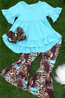  TURQUOISE RUFFLE TUNIC & COUNTRY SINGER PRINTED BELLS. TT2023-9JEAN