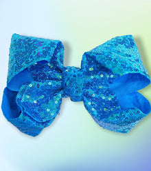  TURQUOISE SEQUINS HAIR BOWS 7.5”wide 5pcs/$10.00 BW-340-SQ