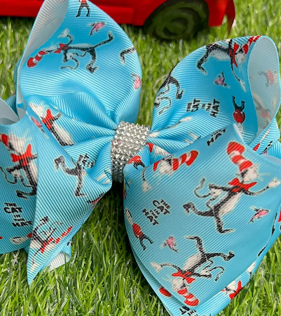 CHARACTER PRINTED ON TURQUOISE DOUBLE LAYER HAIR BOWS W/ RHINESTONE. BW-DSG-793