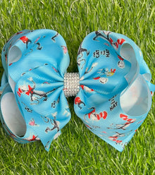  CHARACTER PRINTED ON TURQUOISE DOUBLE LAYER HAIR BOWS W/ RHINESTONE. BW-DSG-793