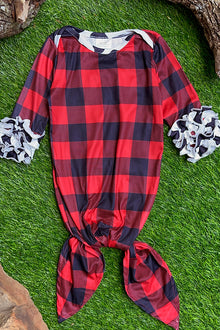  PLAID & COW PRINTED BABY GOWN WITH COW SPOT PRINTED RUFFLE SLEEVE. PJG501522006-ONE  SIZE