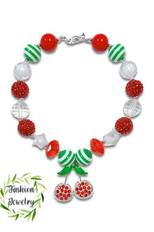  RED, WHITE & GREEN BUBBLE NECKLACE WITH CHERRY PENDANT. 3PCS/$12.00  XL-01956