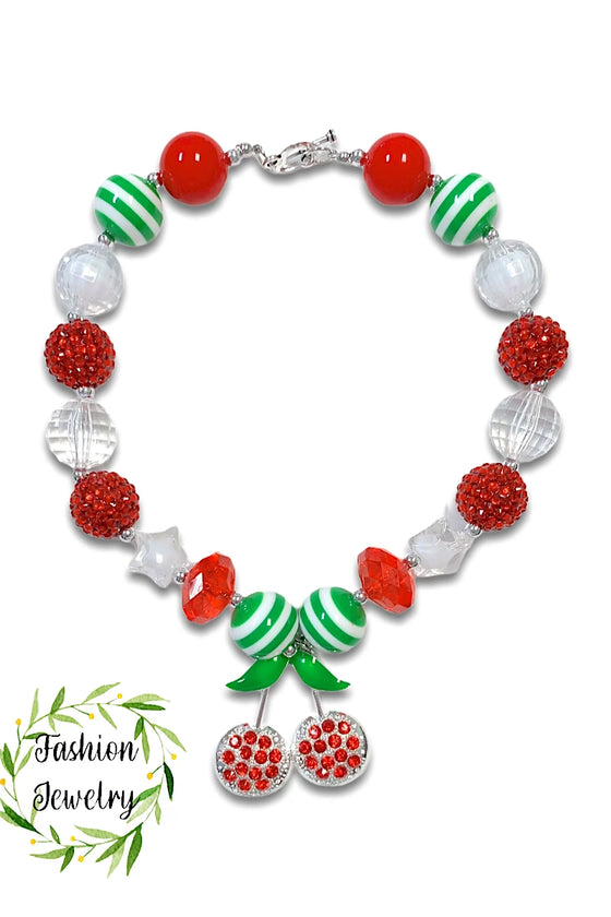RED, WHITE & GREEN BUBBLE NECKLACE WITH CHERRY PENDANT. 3PCS/$12.00  XL-01956