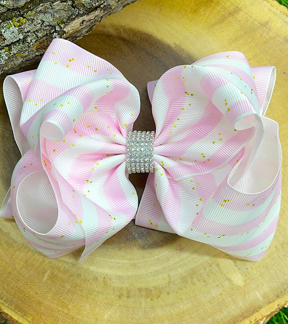 LT. PINK WITH GOLDEN DOT PRINTED HAIR  BOWS. 7.5" WIDE 4PCS/$10.00 BW-DSG-661