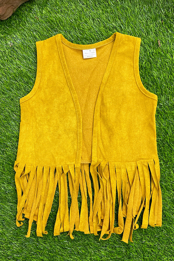 MUSTARD SUEDE FABRIC VEST WITH FRINGE. TPG651522133-SOL
