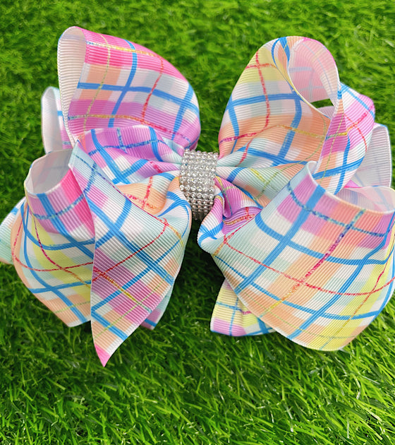 MULTI COLOR PLAID PRINTED HAIR  BOWS. 7.5" WIDE 4PCS/$10.00 BW-DSG-675