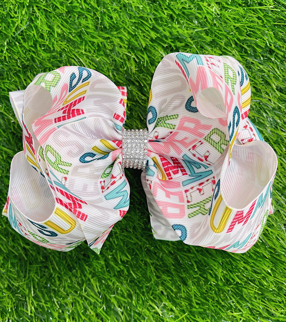 SUMMER ON WHITE  PRINTED HAIR  BOWS. 7.5" WIDE 4PCS/$10.00 BW-DSG-677