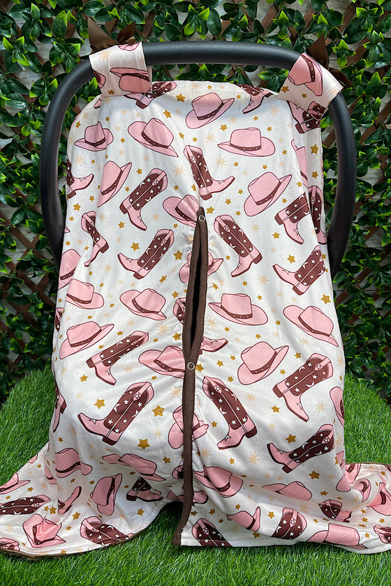 PINK COWBOY HAT & BOOTS PRINTED CAR SEAT COVER WITH SNAPS. ACG651522019