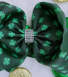 TREVOL PRINTED ON GREEN DOUBLE LAYER HAIR BOWS W/ RHINESTONE.4PCS/$10.00 BW-DSG-102