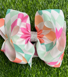  MULTI-COLOR CHECKER PRINTED DOUBLE LAYER HAIR BOWS W/ RHINESTONE. 4PCS/$10.00 BW-DSG-103