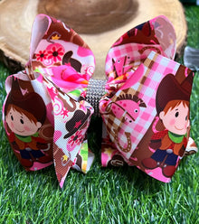  COWGIRL GINGHAM PRINTED DOUBLE LAYER HAIR BOWS W/ RHINESTONE. BW-DSG-799