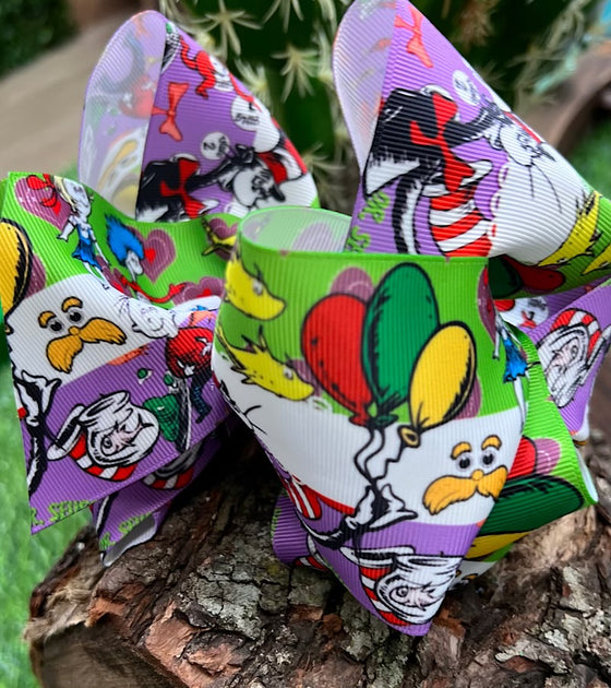 PURPLE,WHITE,GREEN CHARACTER PRINTED DOUBLE LAYER HAIR BOWS. 4PCS/$10.00 BW-DSG-822