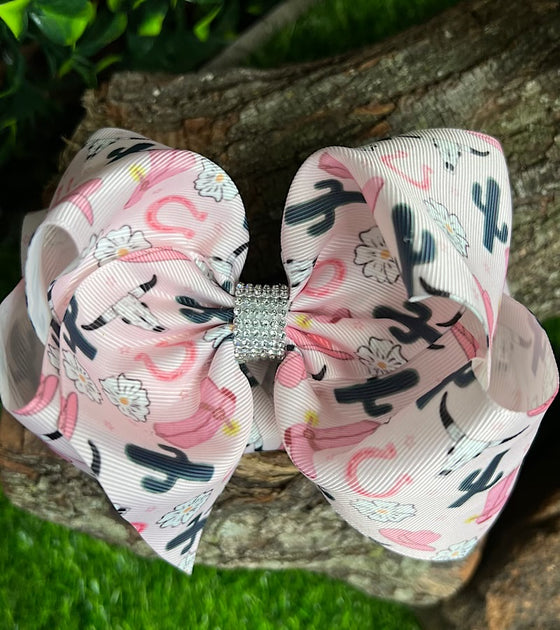 WESTERN ON PINK DOUBLE LAYER HAIR BOWS. 4PCS/$10.00 BW-DSG-835