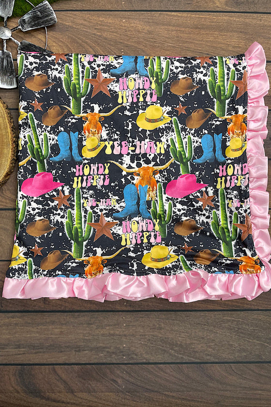 HOWDY HIPPIE /COW PRINTED BABY BLANKET WITH PINK  TRIM. 35" X 35". BKG701522001