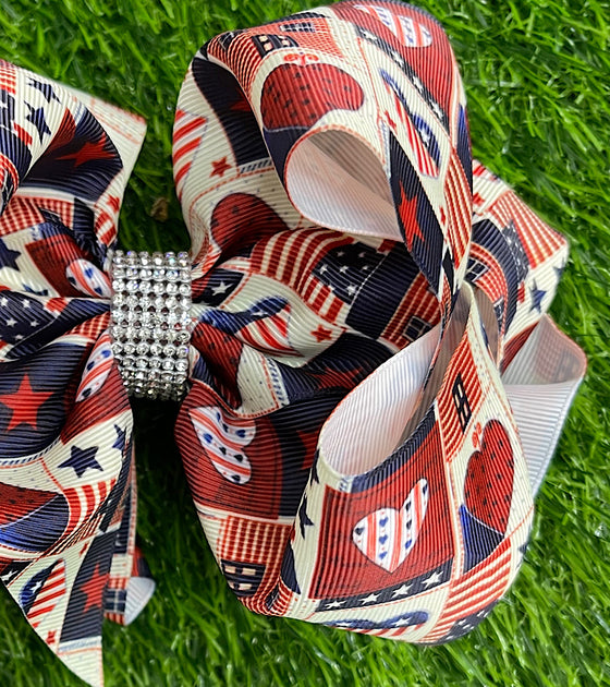 DOUBL BROWN, NAVY BLUE, & CREAM PATRIOTIC   PRINTED HAIR BOW. 7.5" WIDE 4PCS/$10.00 BW-DSG-344