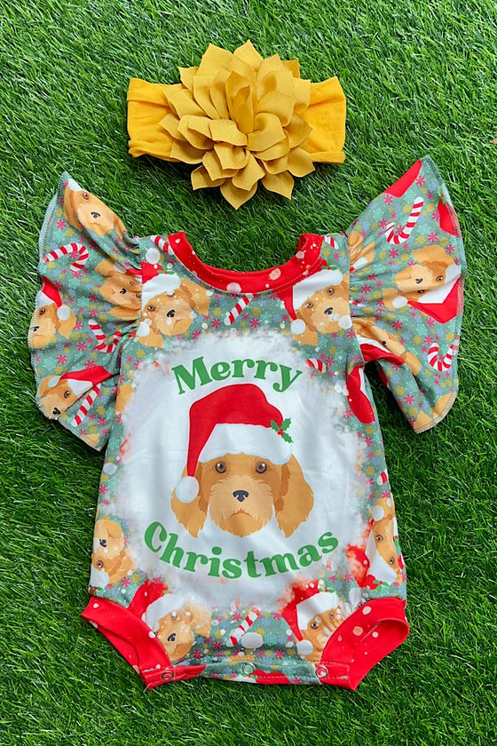 MERRY CHRISTMAS" CUTE DOG PRINTED ON BABY ONESIE WITH ANGEL SLEEVES. YAS-2022-wen