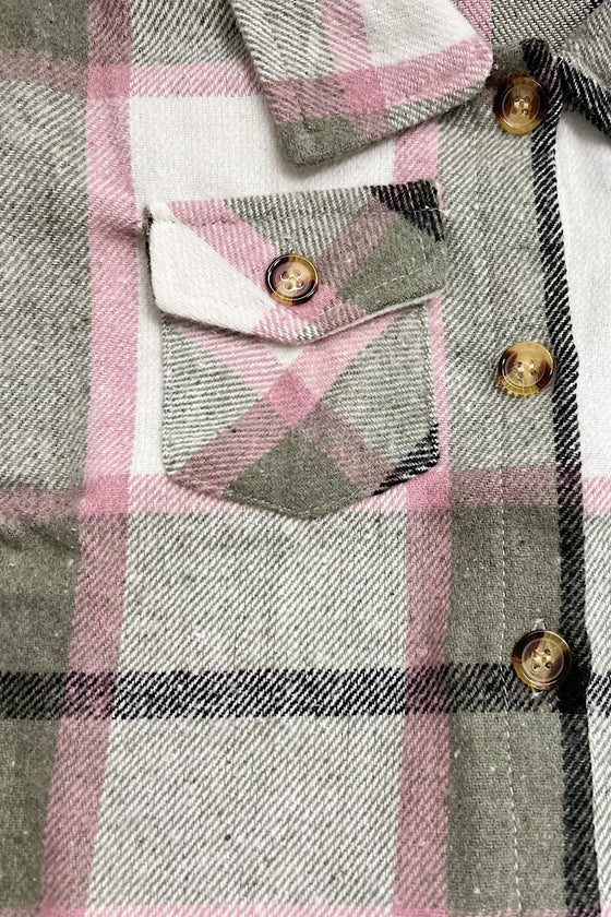 GRAY, PINK & BLACK PLAID PRINTED BUTTON UP SHIRT. TPG651122256-AMY