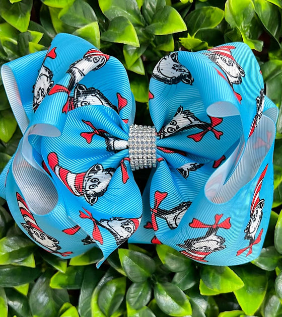 TURQUOISE CHARACTER PRINTED HAIR BOWS. 7.5" WIDE 4PCS/$10.00 BW-DSG-744