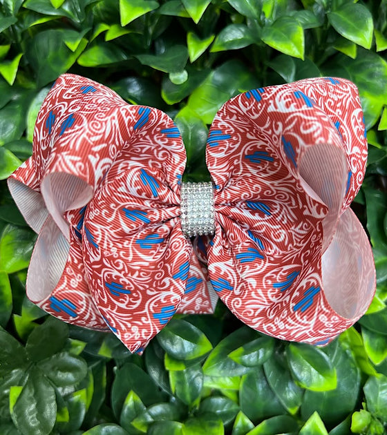 TURQUOISE MULTI-PRINTED  HAIR BOWS. 7.5" WIDE 4PCS/$10.00 BW-DSG-752