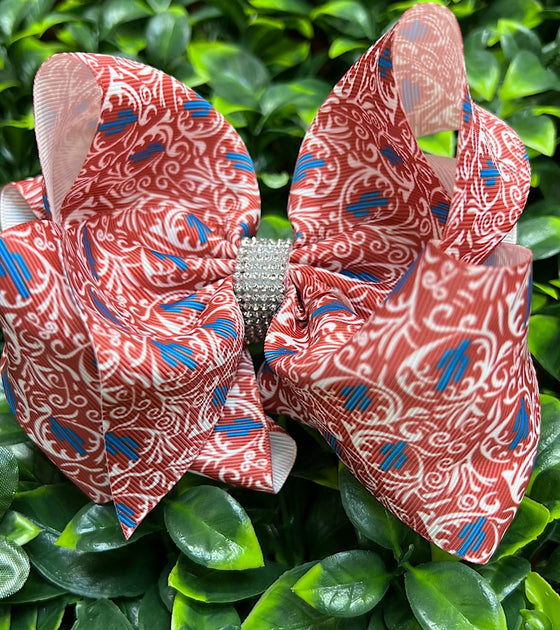 TURQUOISE MULTI-PRINTED  HAIR BOWS. 7.5" WIDE 4PCS/$10.00 BW-DSG-752