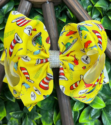  HAT  PRINTED YELLOW DOUBLE LAYER HAIR BOWS. 7.5" WIDE 4PCS/$10.00 BW-DSG-755